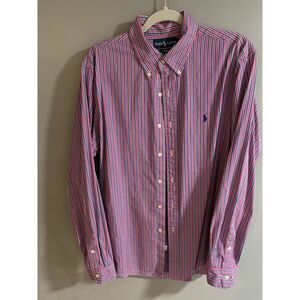 Polo Ralph Lauren Men's Custom Fit Pink Blue Striped Button Down Long‎ Sleeve L
